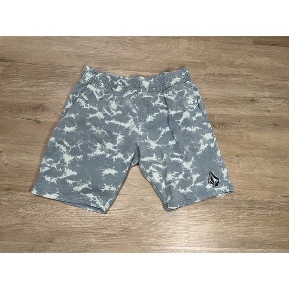 Volcom Men's Sz L Fleece Blue Tie Dye Sweat Surf Shorts Large Bleach - Picture 1 of 8